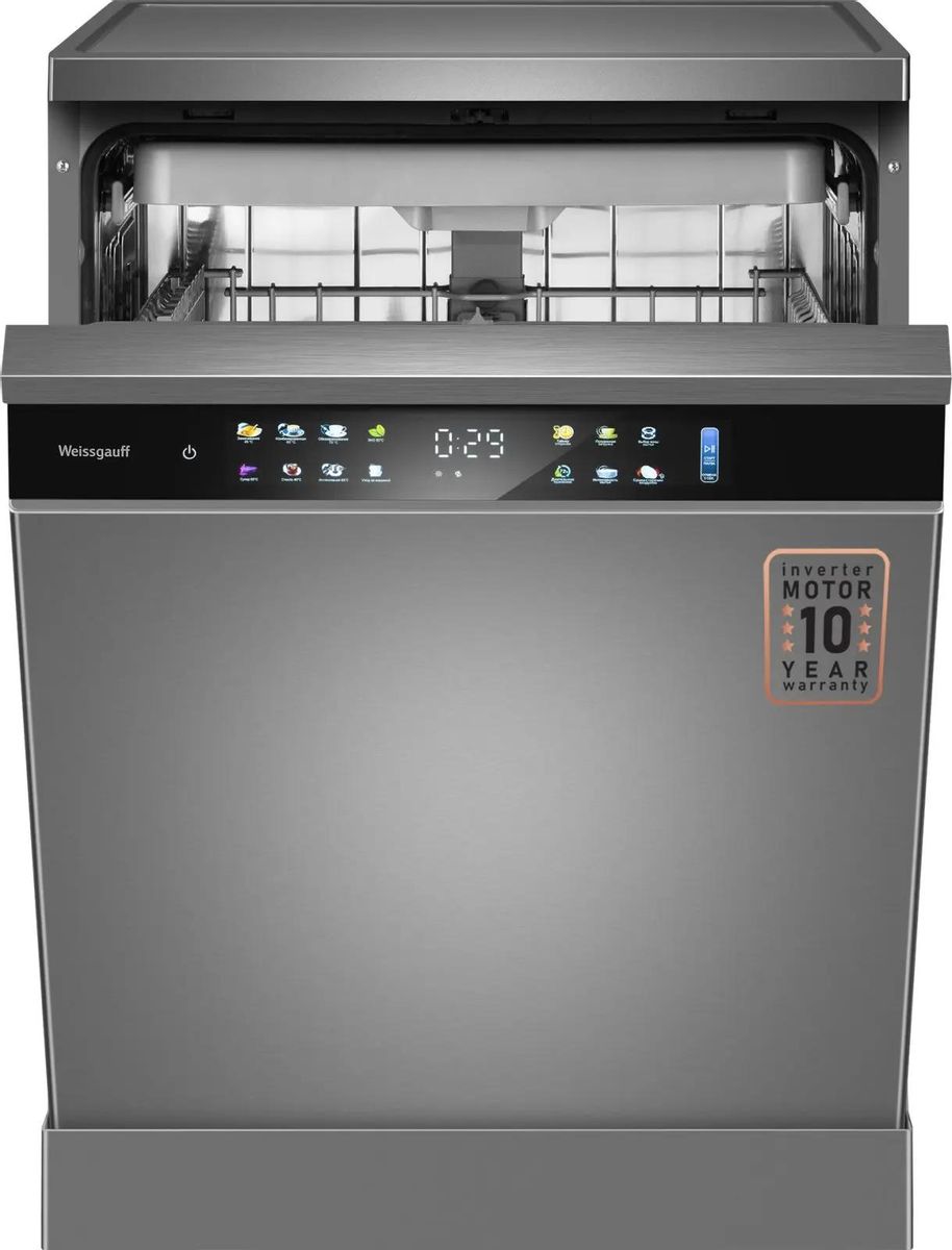 Посудомоечная машина WEISSGAUFF DW 6138 Touch Inverter Autoopen,  полноразмерная, напольная, 59.8см, загрузка 15 комплектов, серебристая [436083]